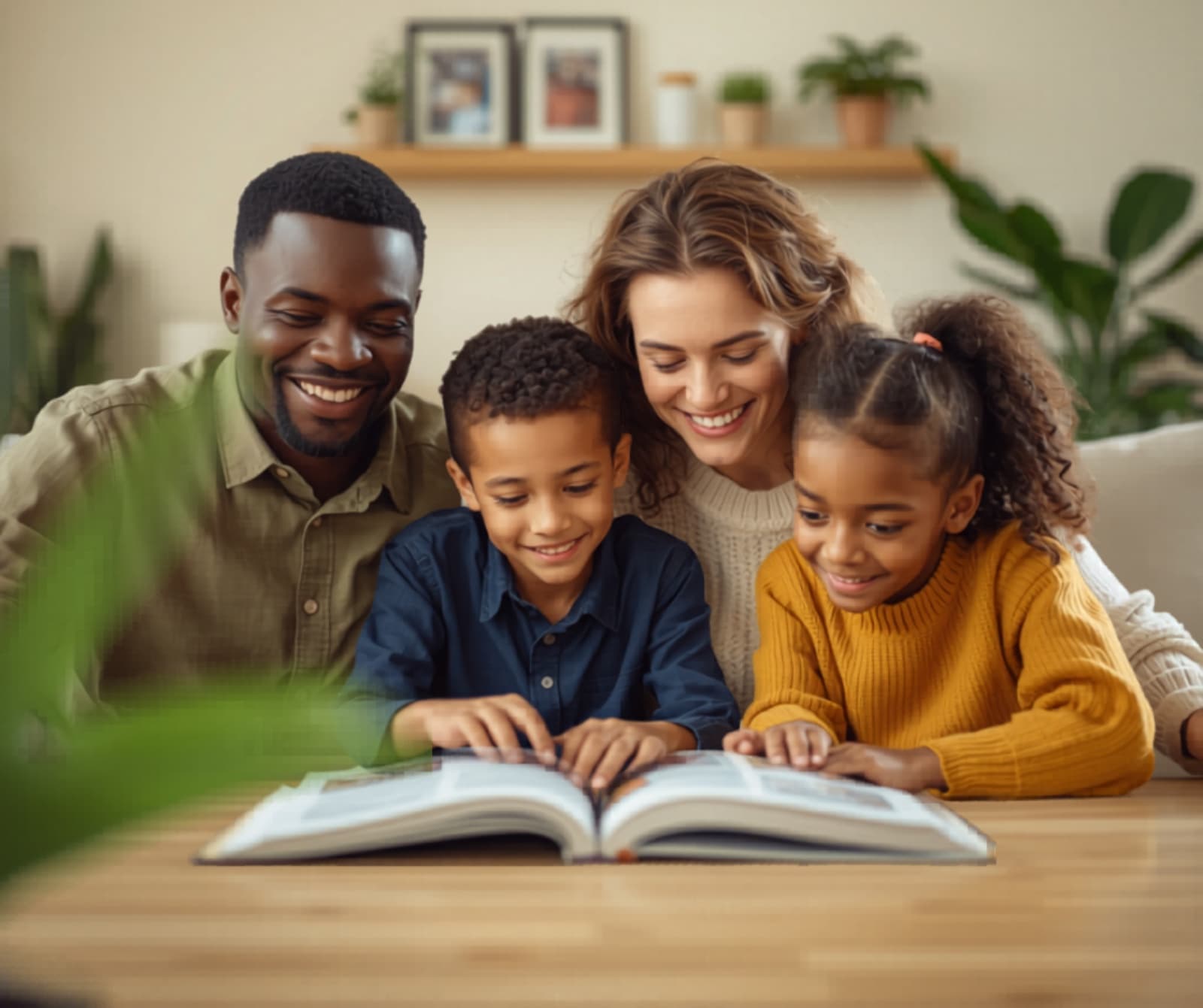 Family of four smiling together as they read an open book at their table