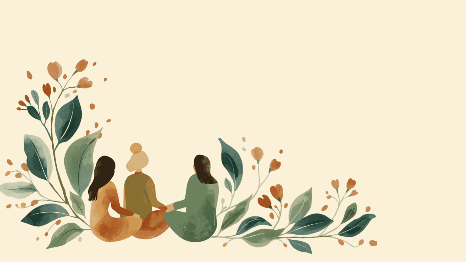 Warm illustration of three figures seated together among watercolor botanicals