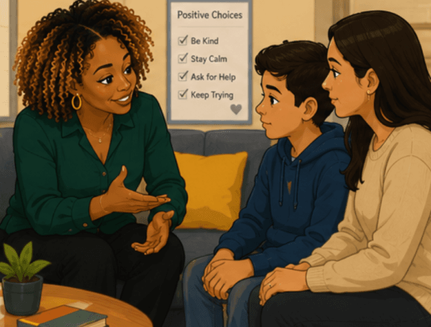 Illustration of an advocate talking with a parent and teen beside a positive-choices checklist