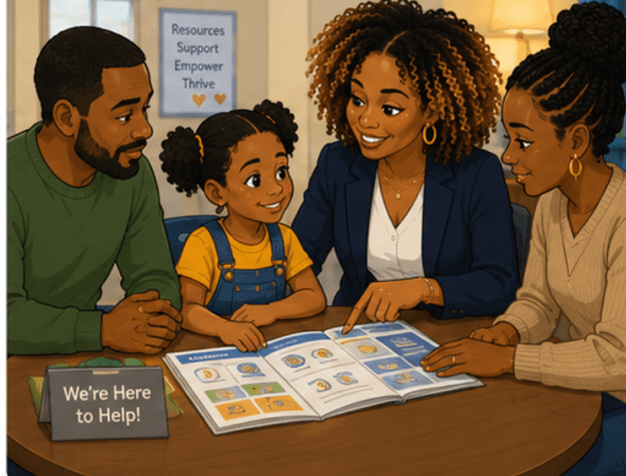 Illustration of an advocate showing a resource guide to a family with a young girl