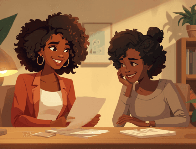 Illustration of an advocate and a parent talking one-on-one over documents at a table