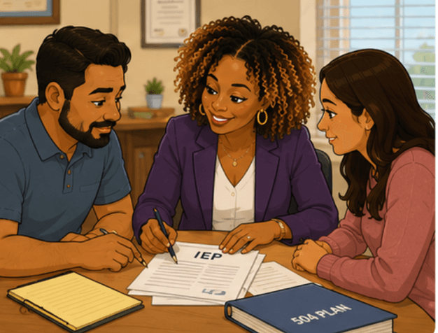Illustration of an advocate reviewing school paperwork with two parents at a table