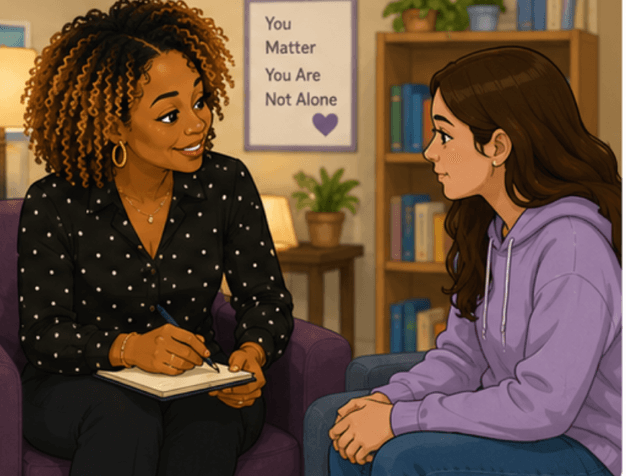 Illustration of an advocate taking notes while listening to a teenager in a cozy room