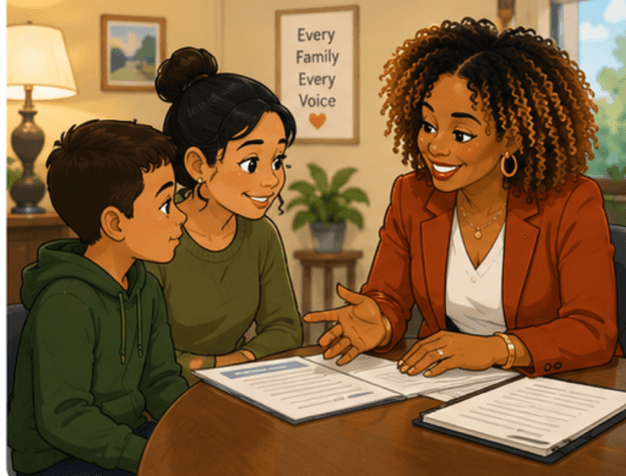 Illustration of an advocate talking with a parent and child around a table of paperwork