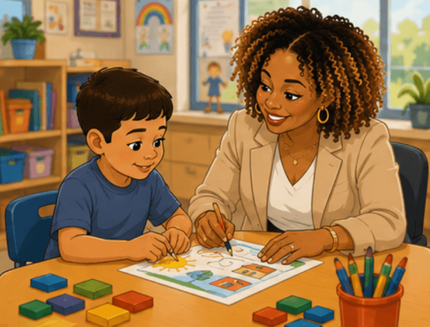 Illustration of an advocate working alongside a young boy on a colorful learning activity