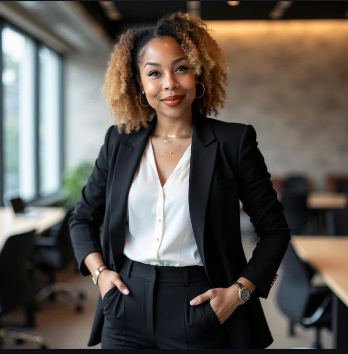 Nikki Alleyne standing in a modern office in a black blazer and white blouse